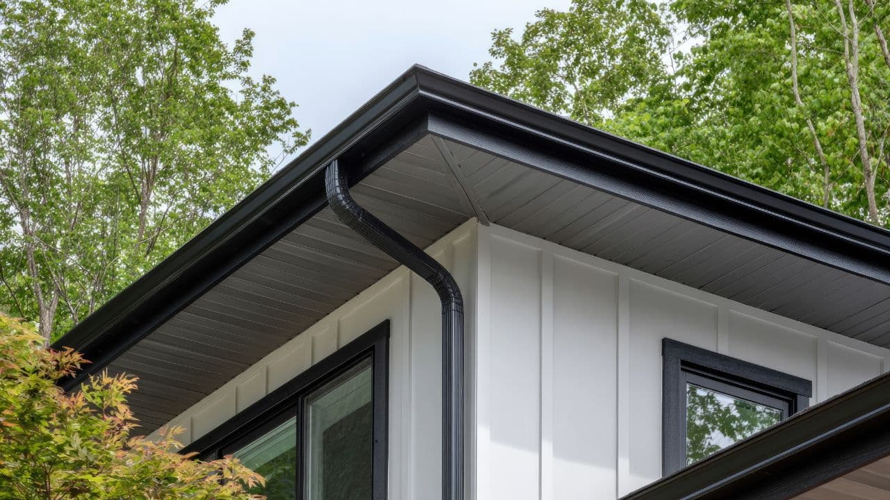 A black seamless gutter on a white-sided home