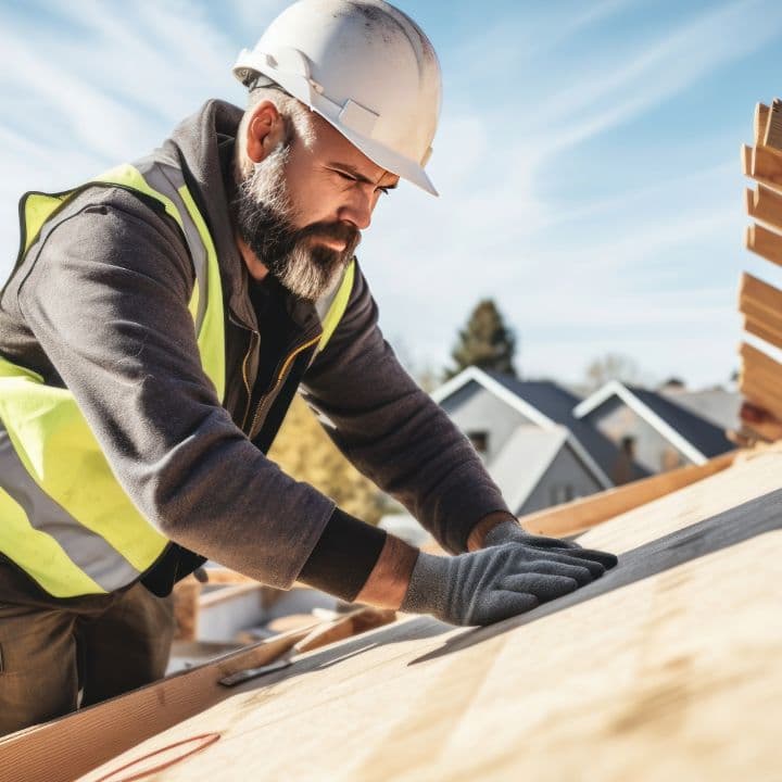 A roofer in a hard hat laying underlayment