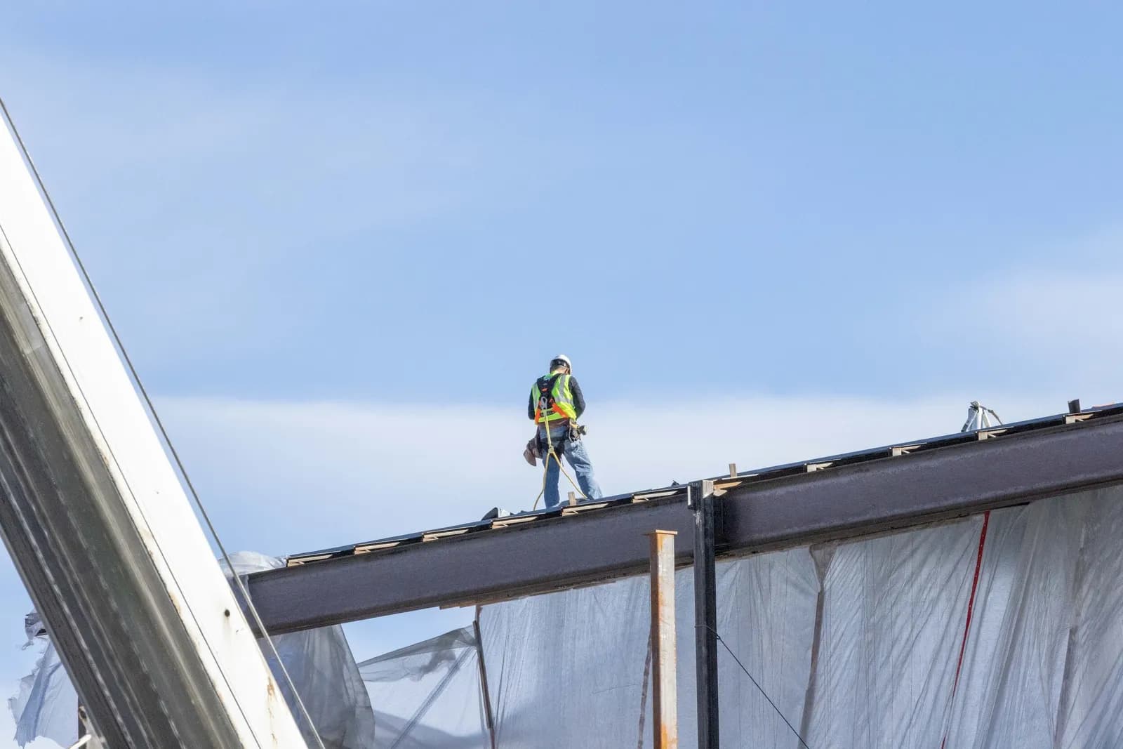 A roofing crew tearing off an old roof, with tarps below